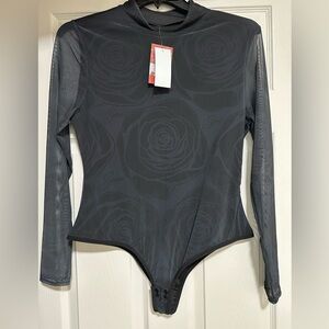 Selena Quintanilla Black long mesh sleeve bodysuit with rose design Size 1X NEW